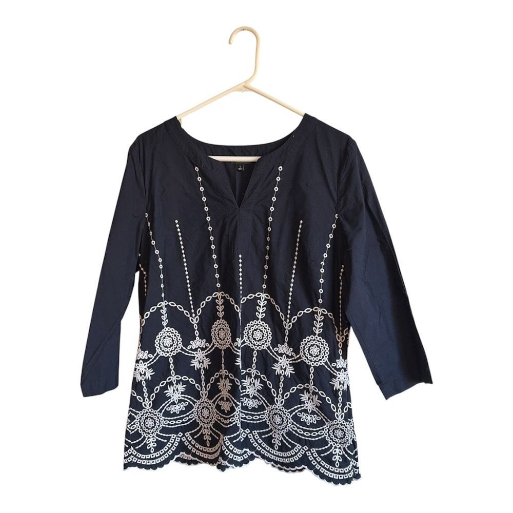 Talbots Black Embroidered Boho Tunic Cotton Blouse V-Neck 3/4 Sleeve Size L